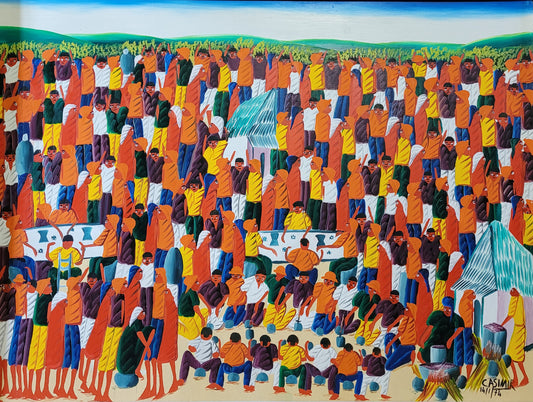 Colorful artwork of a large group of people in various poses and clothing.