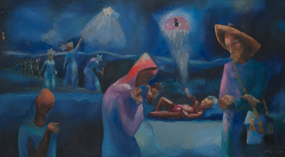 Cedor Dieudonné Nativity at Night circa 1969 Haitian oil on canvas depicting the Holy Family, angels, and nocturnal blue spiritual landscape, 39x72 inches.