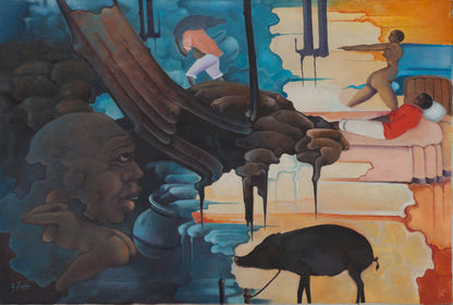 Célestin Faustin Vodou dream painting with figures, pig, and symbolic village scene, Haitian oil on canvas 24 × 36 inches.
