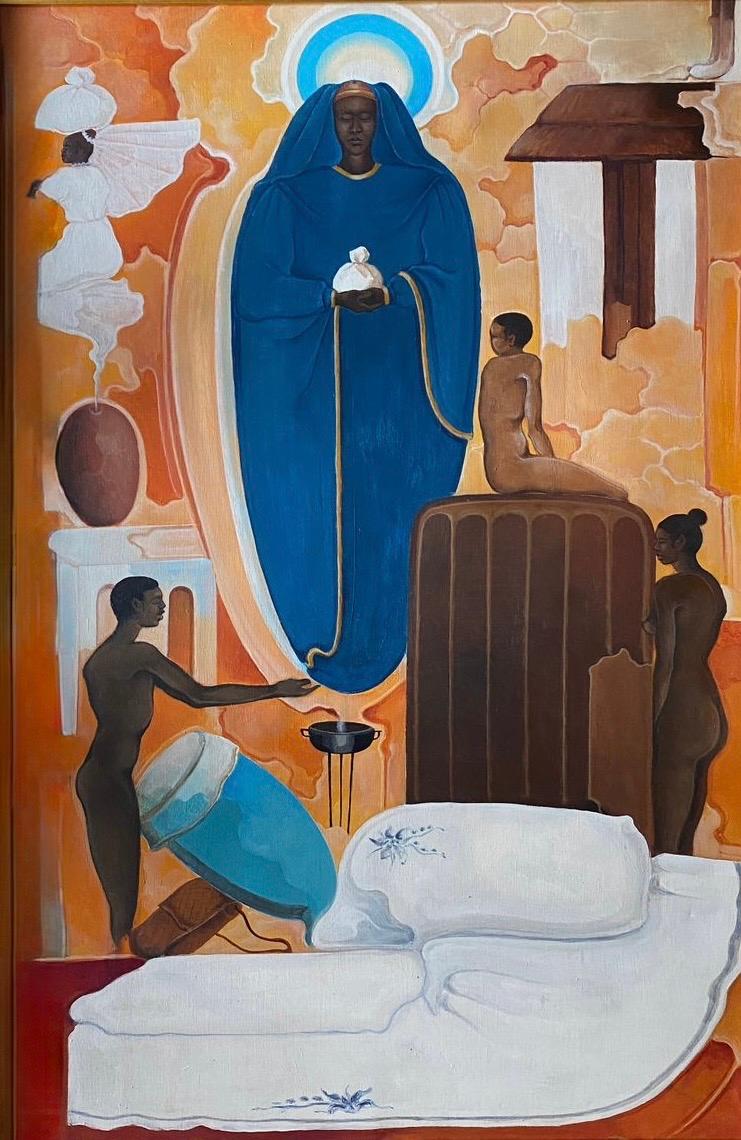 Célestin Faustin 1980 oil painting on canvas showing Vodou ceremony with Erzulie, ritual figures, altar, and spiritual symbolism in Haitian art.