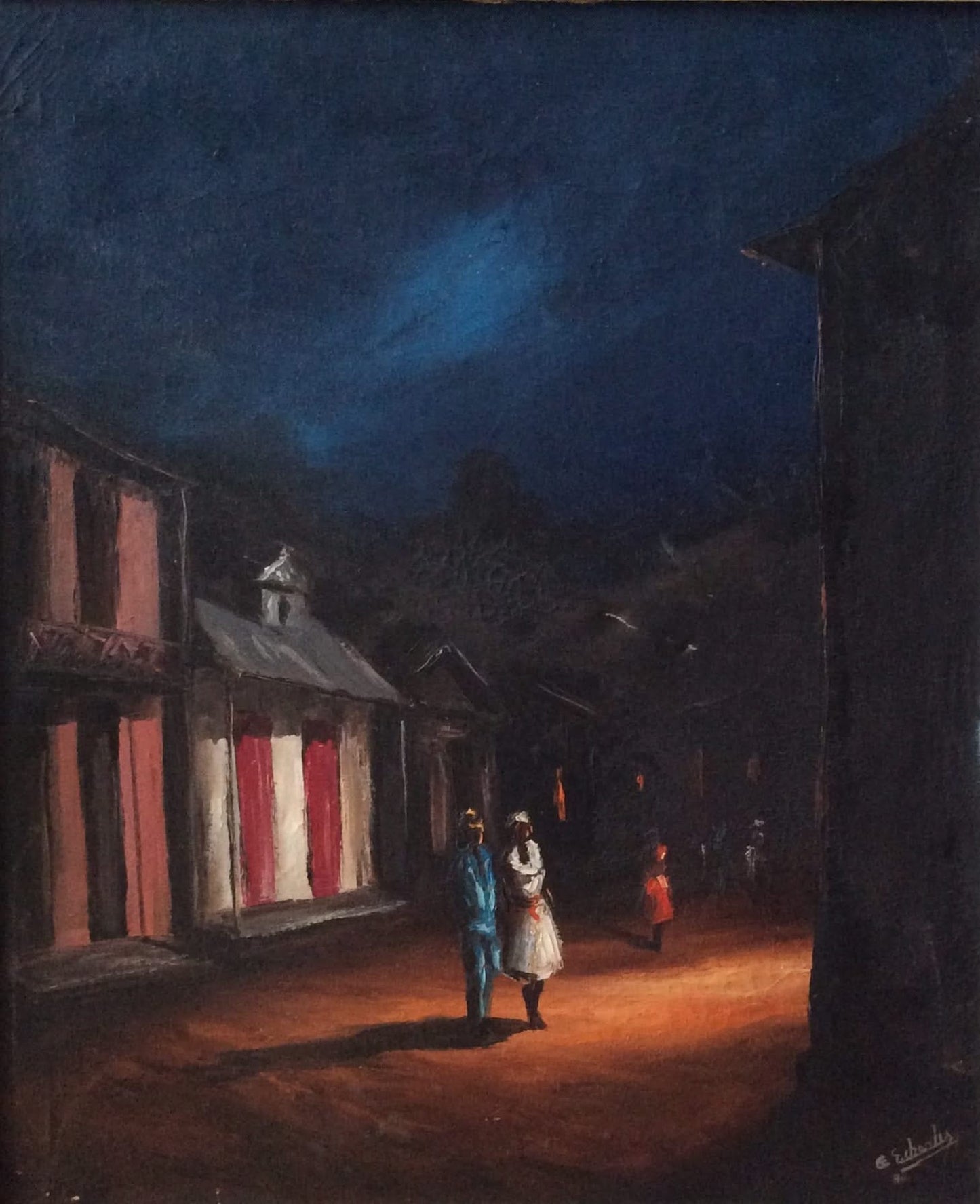 Charles Etzer Nocturnal Scene oil on canvas depicting a Haitian nighttime street with figures illuminated by warm light beneath a deep blue sky