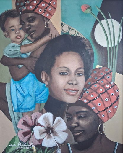 Claude Dambreville Emillita 1999 Haitian portrait painting with women and child, acrylic on canvas 30 x 24 inches, commissioned for Emillita