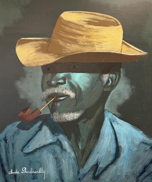 Claude Dambreville (1934-2021) 24"x20" Homme avec un chapeau et une pipe acrylique sur toile #1BA