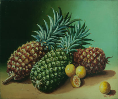 Philippe Claude 1990 oil painting of pineapples and tropical fruit still life, 20 x 24 inches
