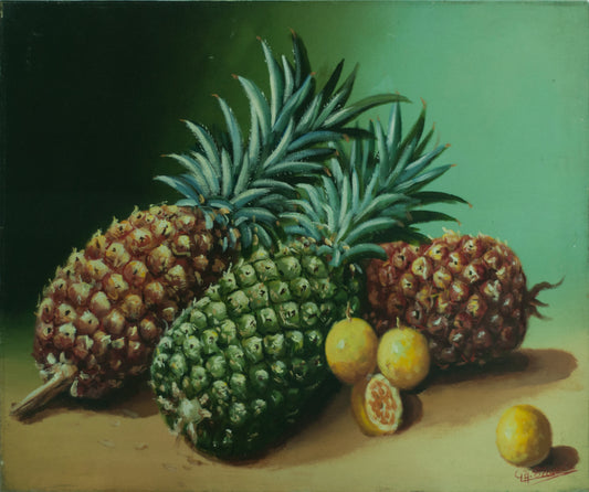Philippe Claude 1990 oil painting of pineapples and tropical fruit still life, 20 x 24 inches
