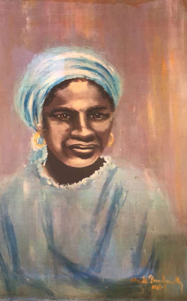 Claude Dambreville Portrait of a Haitian Woman in Blue 1981 original Haitian painting, signed lower right, featuring a seated woman in blue tones, fine art from Myriam Nader Art Gallery.