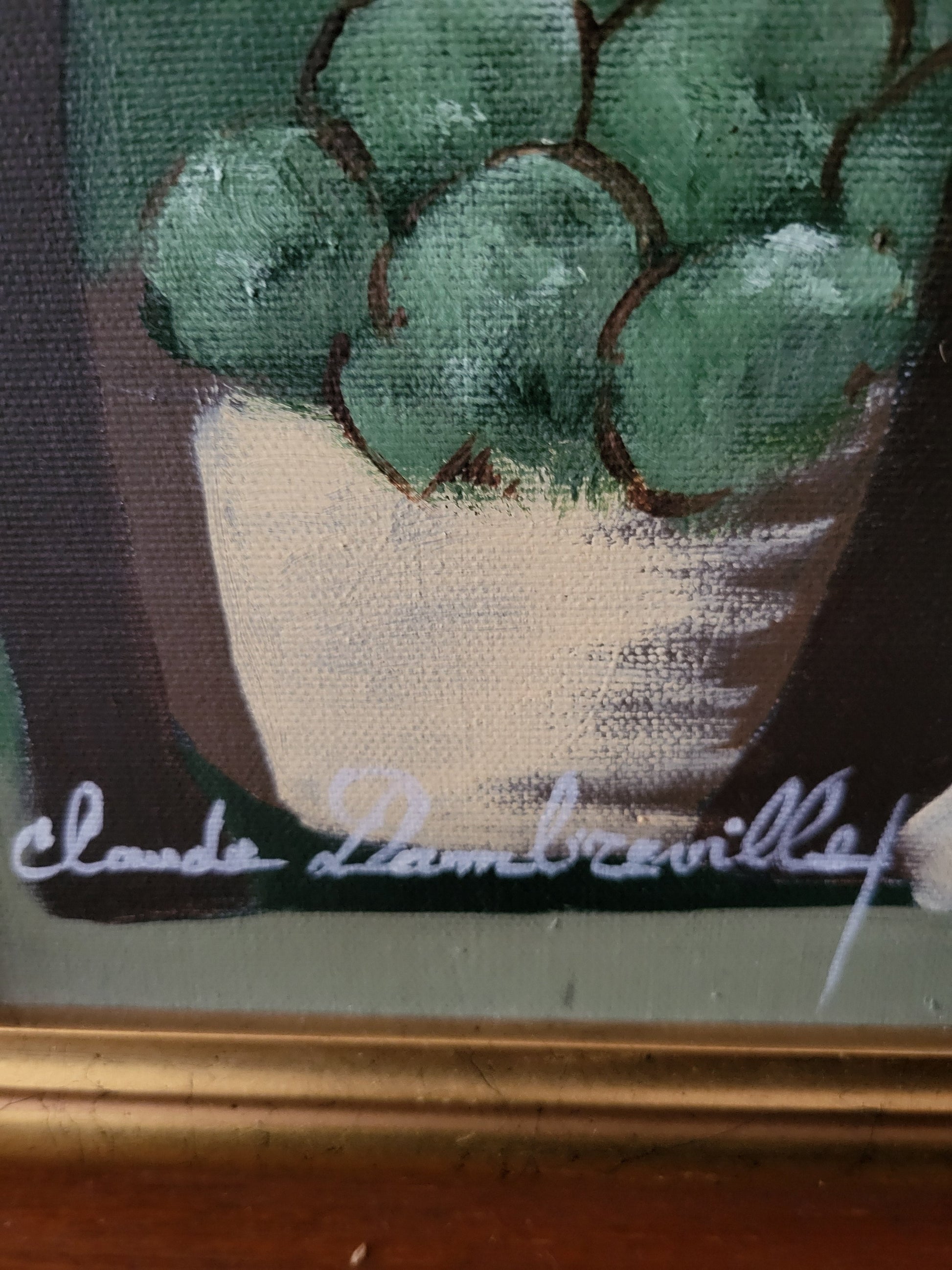 Painting of green grapes in a white bowl with 'Claude Dambreville' signature.