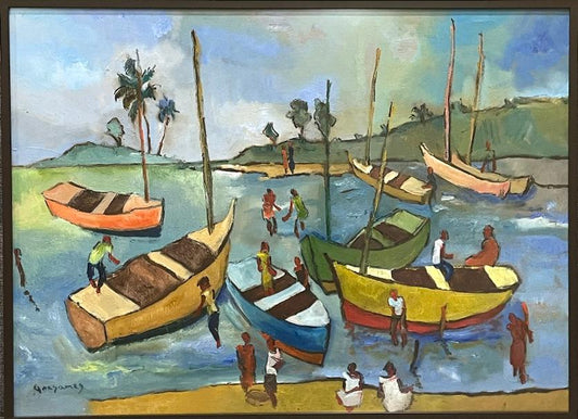 Georges Desarmes 21"x29.25" Boats by the Port 2023 Oil on Canvas Framed Under Nonglare Glass Painting #3MFN