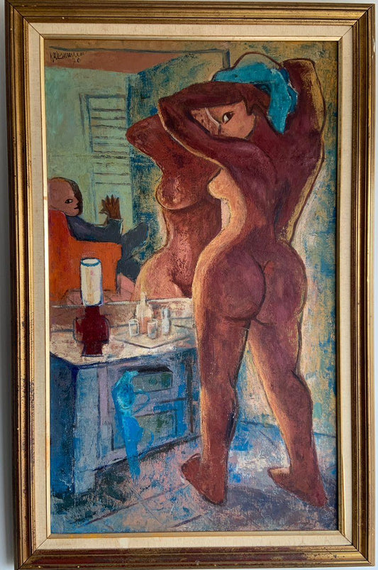 Rose-Marie Desruisseau (Haitian, 1933-1988) 40"x24" Woman Combing Hair/ Mirror 1970 Oil on Canvas Framed Painting-Collector's Item #1GSN-MIA