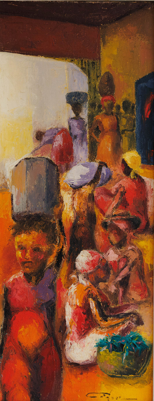 Dieudonne Cedor Haitian market painting with figures and vendors, expressive brushwork and warm colors, oil on canvas vertical composition