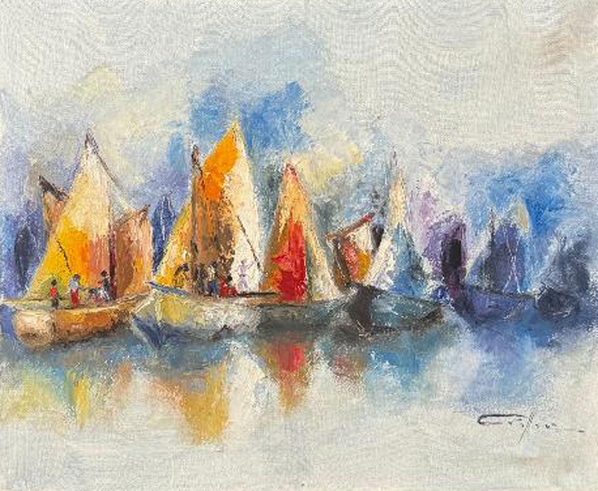 Dieudonné Cédor harbor sailboats painting with figures and reflections, Haitian oil on canvas 20 × 24 inches.