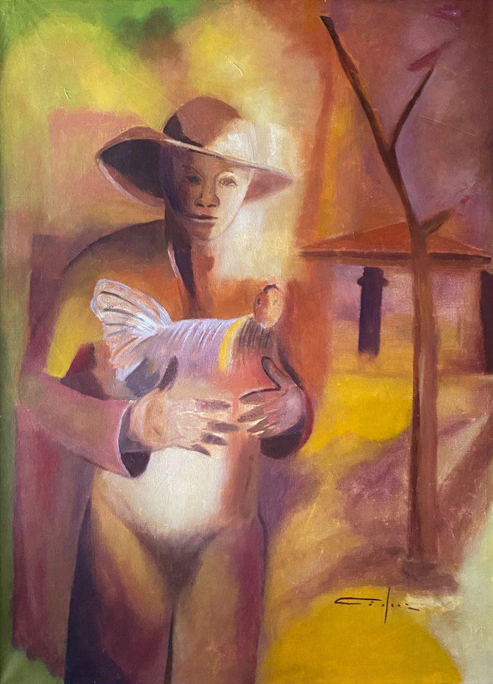 Dieudonné Cédor Haitian woman holding white chicken oil painting 40x30 inches figurative rural scene with house and tree in warm tones.