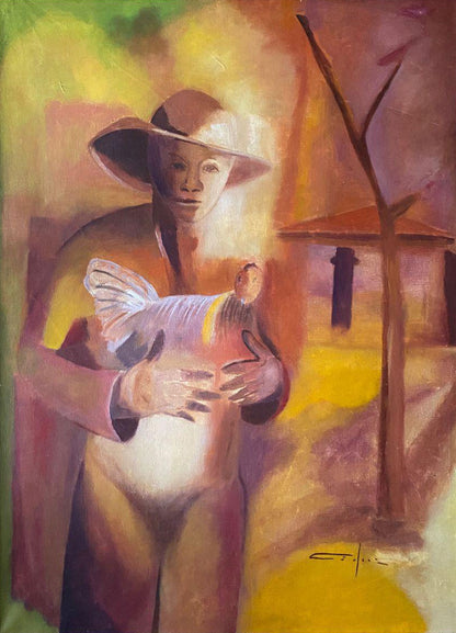 Dieudonné Cédor Haitian woman holding white chicken oil painting 40x30 inches figurative rural scene with house and tree in warm tones.