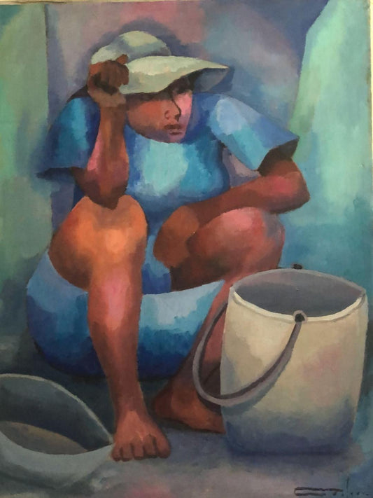 Seated Woman with Pail, original oil on canvas by Haitian artist Dieudonné Cédor, 24 x 30 inches, unframed, from a private collection.