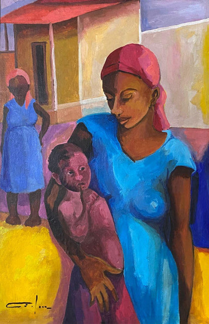 Dieudonné Cédor Haitian mother and child painting in village setting, oil on canvas 36 × 24 inches.