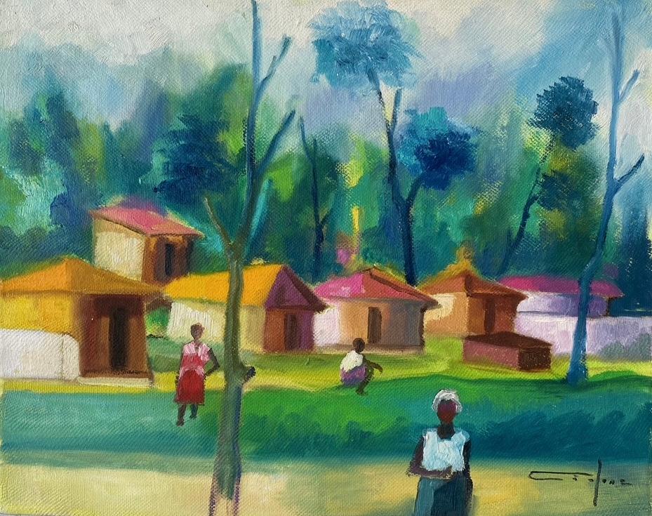 Dieudonné Cedor oil on canvas of Haitian village with figures and colorful houses, 16 x 20 inches, signed lower right, unframed. of a village scene with colorful houses and people in a natural setting.
