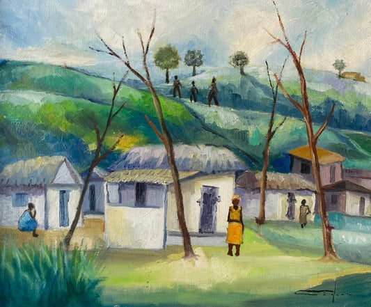 Dieudonne Cedor (1925-2010) 20"x24" Haitian Village Landscape c1979 Oil On Canvas Unframed Painting #3ML