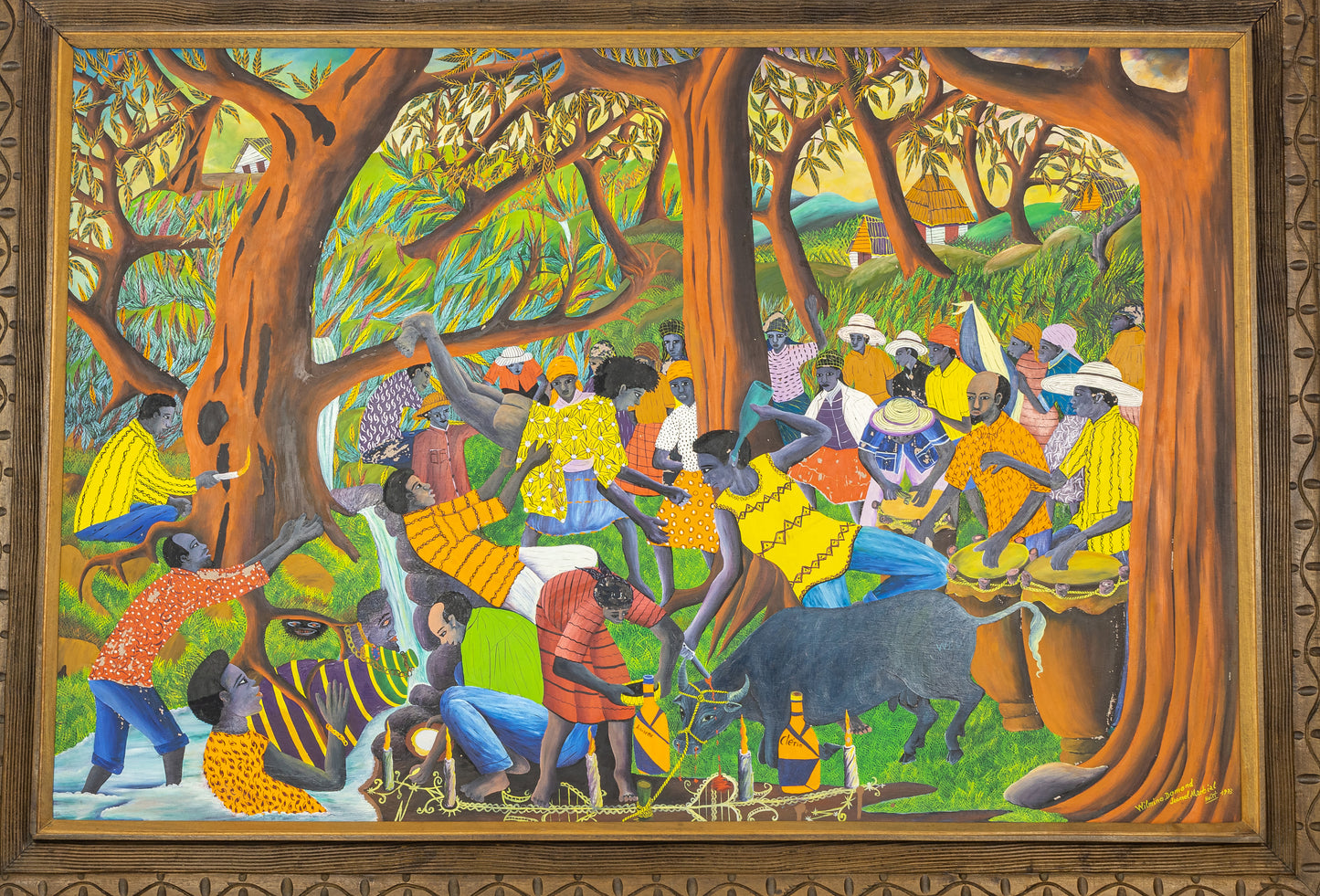 Wilmino Domond (1925-2006) 32"x47.25" Bois Caiman Voodoo Ceremony 1973 Oil on Board Framed Painting #19SS