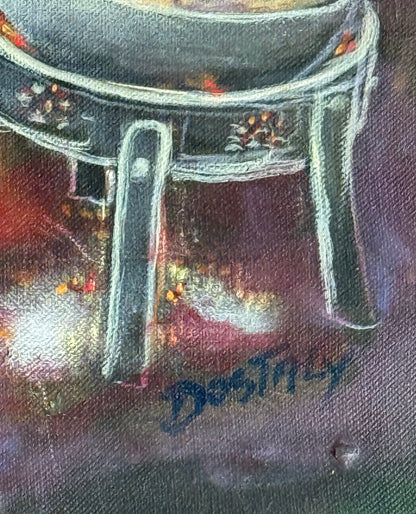 Emmanuel Dostaly 28"x22" Nocturnal Village Scene c1990 Acrylic on Canvas Painting #3BB