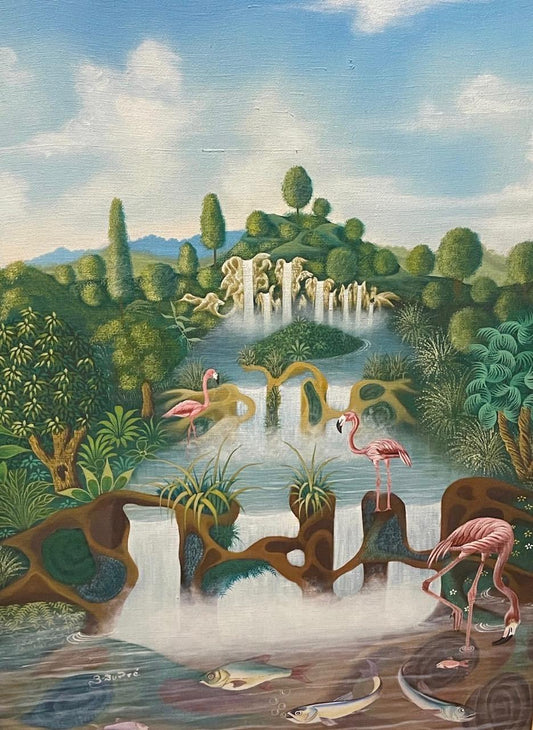 Dupré 40"x30" Tropical Landscape with Flamingos c2000 Oil on Canvas-Unframed Painting #1SL