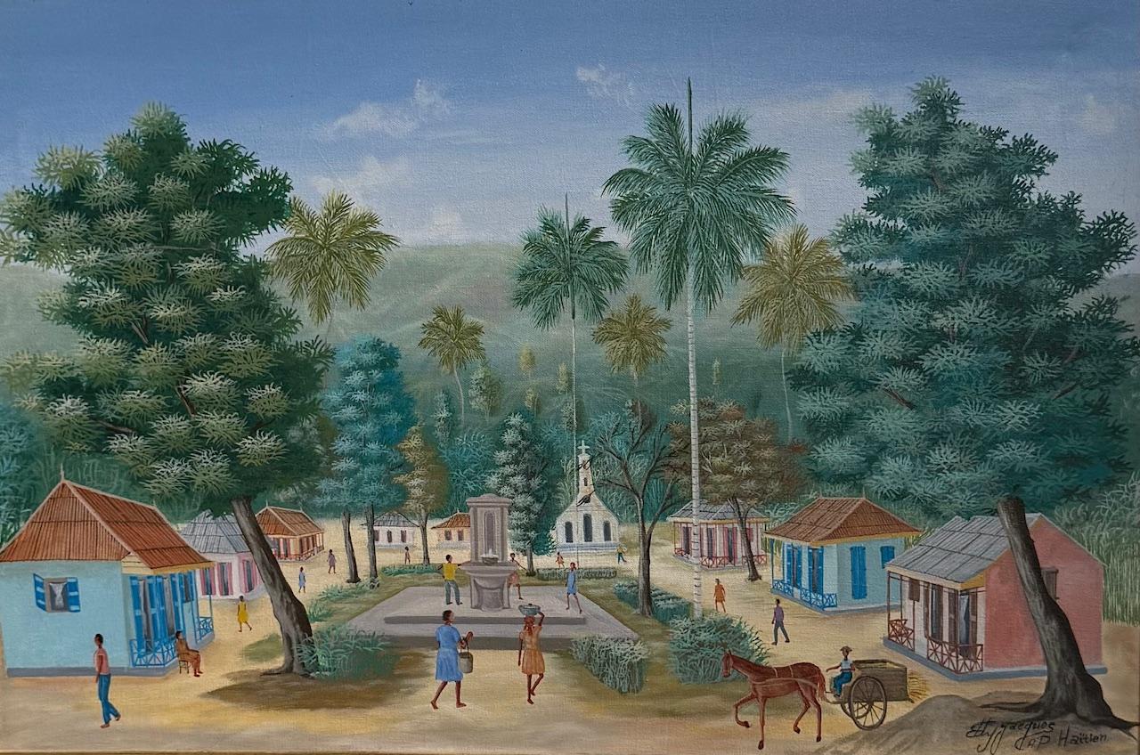 Village scene with houses, people, and a horse-drawn cart under palm trees.
