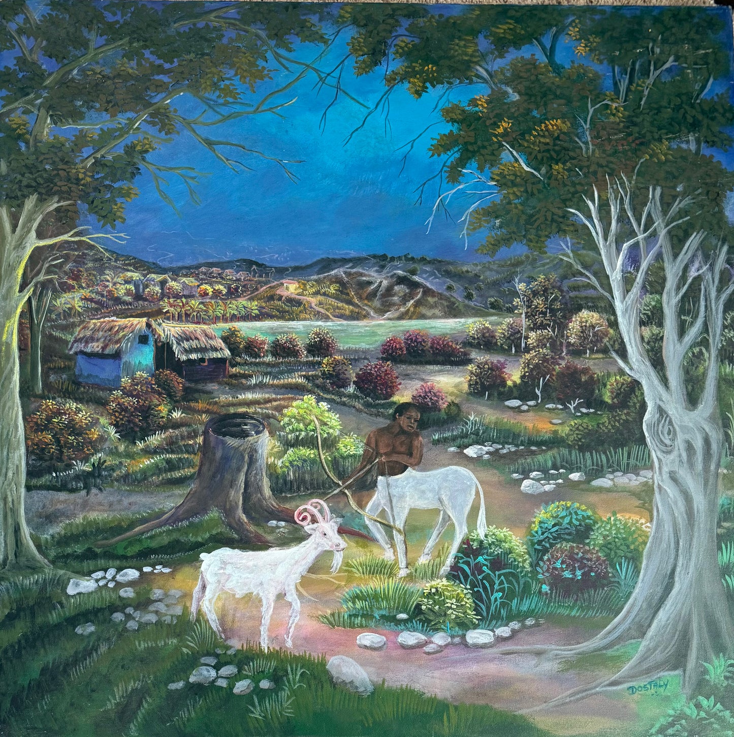 Emmanuel Dostaly 32"x32" Unicorns c1990 Acrylic on Canvas Painting #1BB