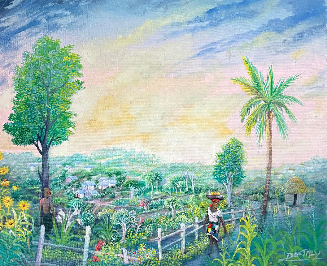 Colorful landscape painting of a tropical village with palm trees and people.
