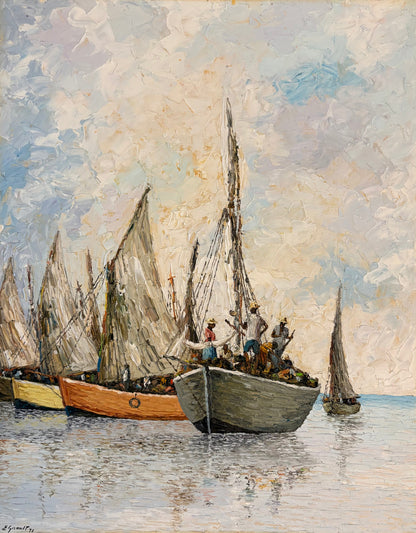 Eric Girault 20"x 16” Harbor Scene 1972 Oil on Canvas Unframed Painting #1MF