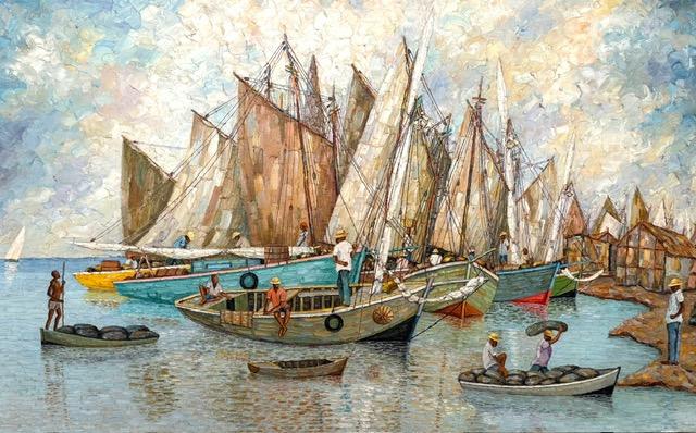 Harbor Scene with Sailboats, original 1980 oil on canvas by Haitian artist Éric Girault, 28 x 47 inches, unframed, from a private Miami collection.