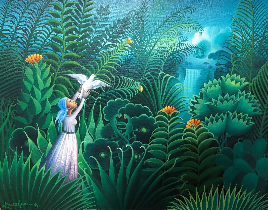 ]Eric Jean-Louis Freeing the Dove Haitian oil on canvas painting with tropical foliage, waterfall, woman in white releasing a dove, from Georges S. Nader private collection New York