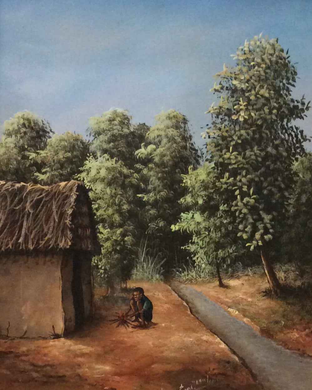 Ernst Jn-Louis Rural Haitian Landscape oil on canvas depicting a thatched-roof hut tropical trees and peaceful countryside pathway in Haiti