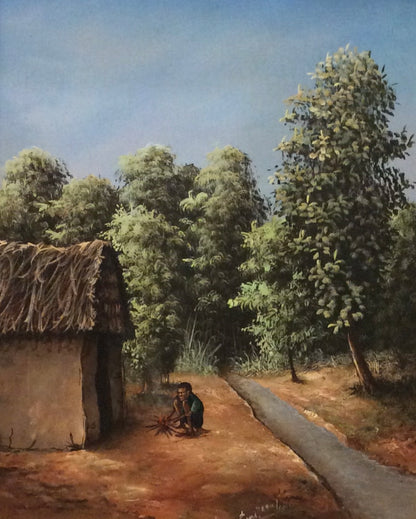 Ernst Jn-Louis Rural Haitian Landscape oil on canvas depicting a thatched-roof hut tropical trees and peaceful countryside pathway in Haiti