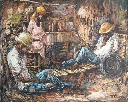 Ernst Louizor Haitian interior painting with figures, soft light and atmospheric composition, oil on canvas