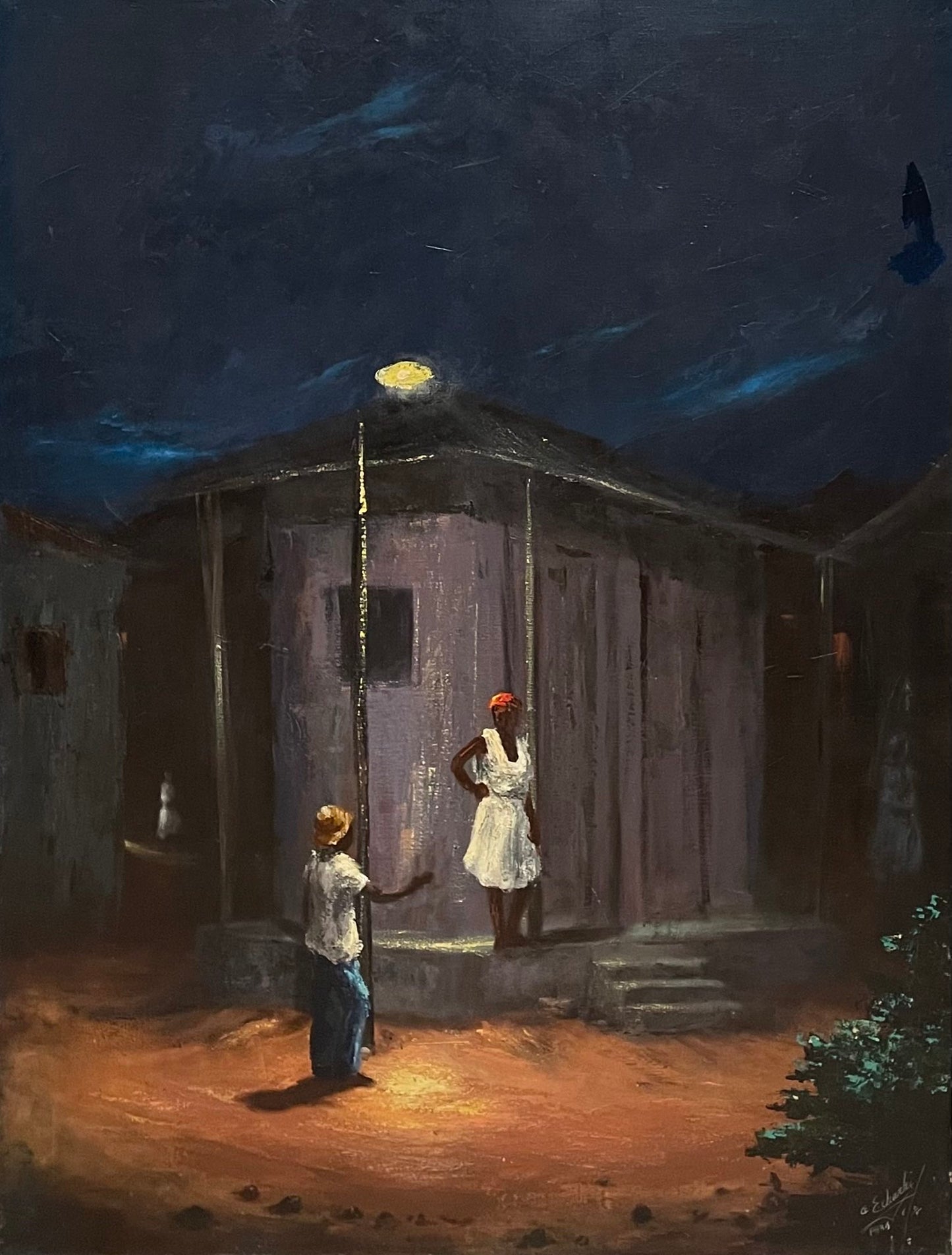 Etzer Charles (1945-2021) 30”x24" Romantic Night 1976 Oil on Canvas Unframed Painting #4-2-95GSN-NY