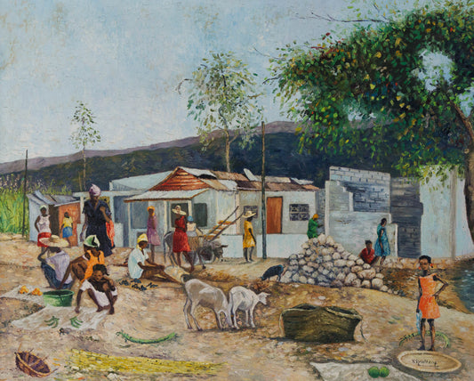 F. Aristhène Haitian village scene painting with figures, houses and rural landscape, oil on canvas horizontal composition
