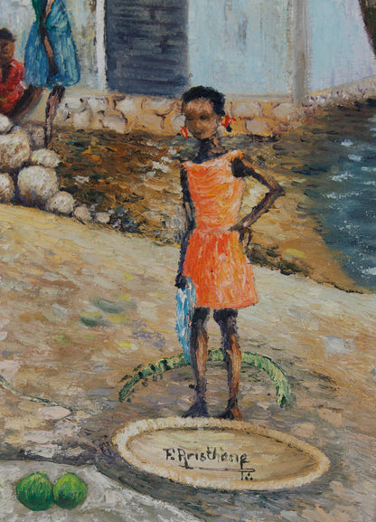 F. Aristhène 38.5" x30.5" Village Scene Oil on Canvas Unframed Painting #1LW