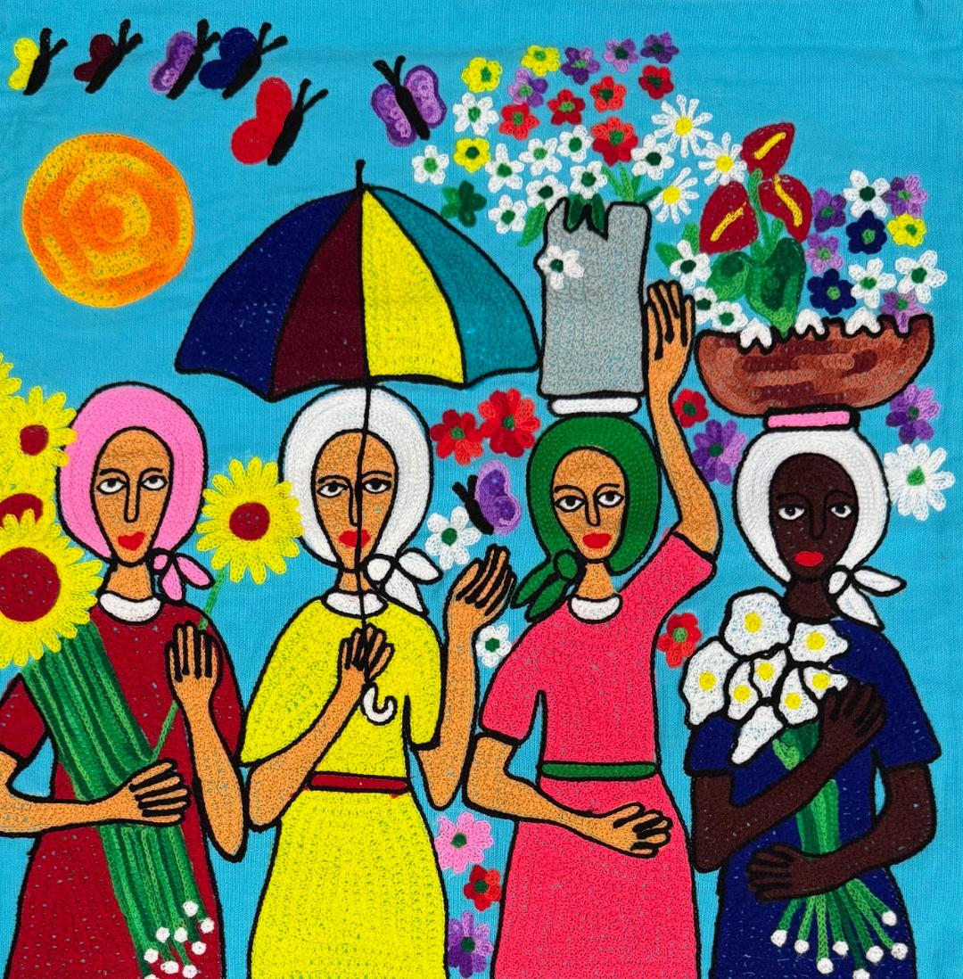 Jose Morillo 18"X18" Four Women with Flowers and Umbrella Hand-Embroidered Cotton Cushion Cover#2MFN