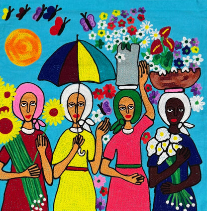 Jose Morillo 18"X18" Four Women with Flowers and Umbrella Hand-Embroidered Cotton Cushion Cover#2MFN