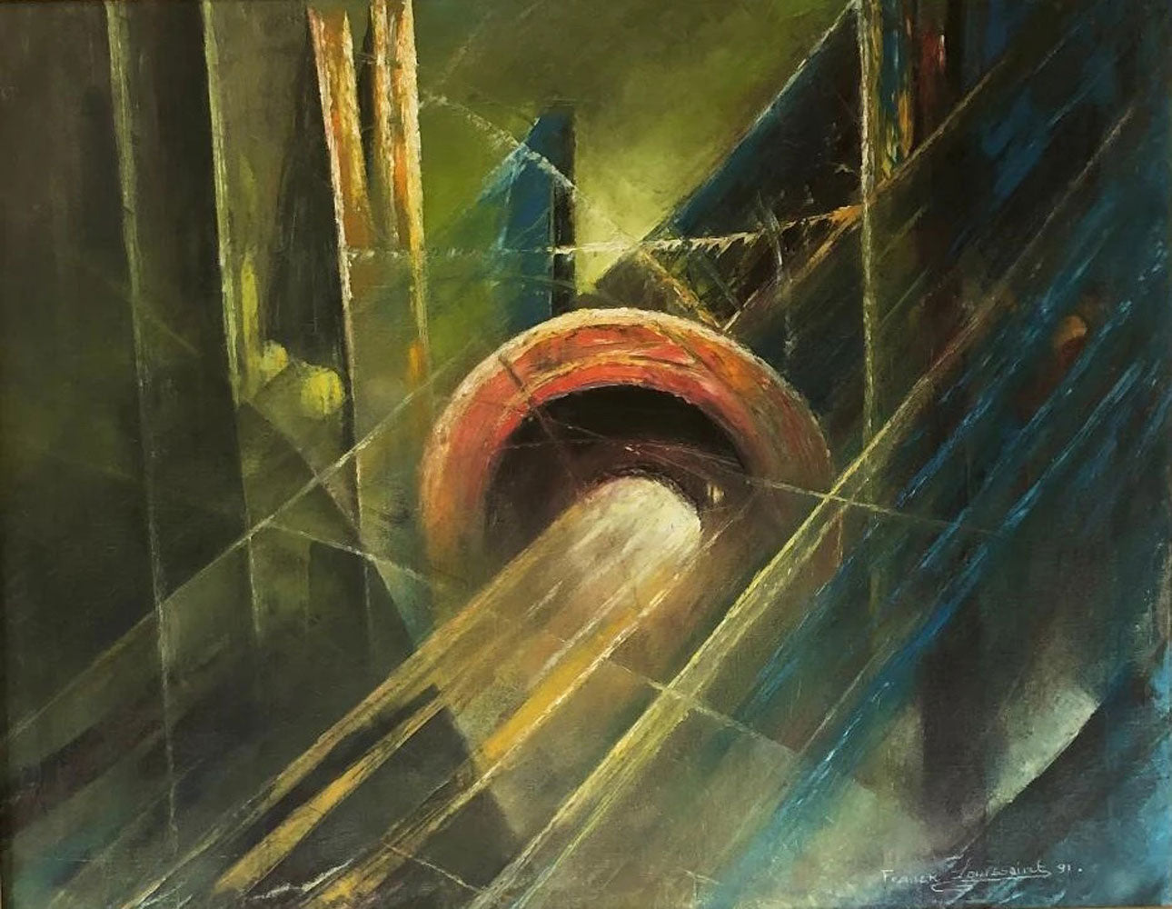 Franck Louissaint 1991 abstract oil painting with industrial pipe and geometric structures in green and blue tones, Haitian modern art.