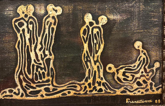 Franck Étienne 1988 abstract figurative painting with elongated gold figures on dark background, Spiralist Haitian acrylic on canvas, signed.