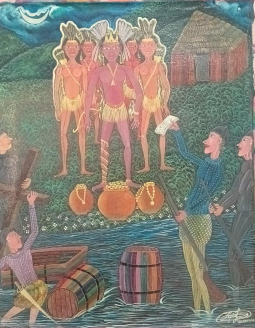 Frantz Zephirin painting of Taíno chief Guacanagaric with warriors and pots of gold welcoming Spanish sailors from the wrecked Santa Maria