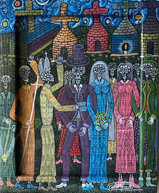 Frantz Zéphirin painting titled The Wedding of Bar, oil on canvas, 17x14 inches, 2005, unframed—depicting a vodou wedding (Baron Samedi & Grann Brigitte) of skeletal figures under a starry sky at Myriam Nader Art Gallery, NY
