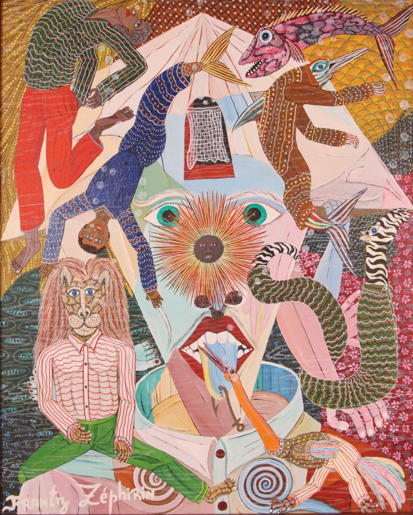 Colorful abstract vodou artwork with various figures and animals.