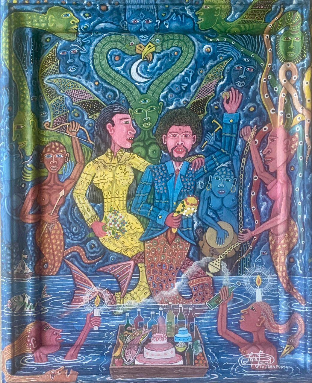 Frantz Zephirin Haitian Vodou mermaid painting with ocean spirits and ceremonial offerings