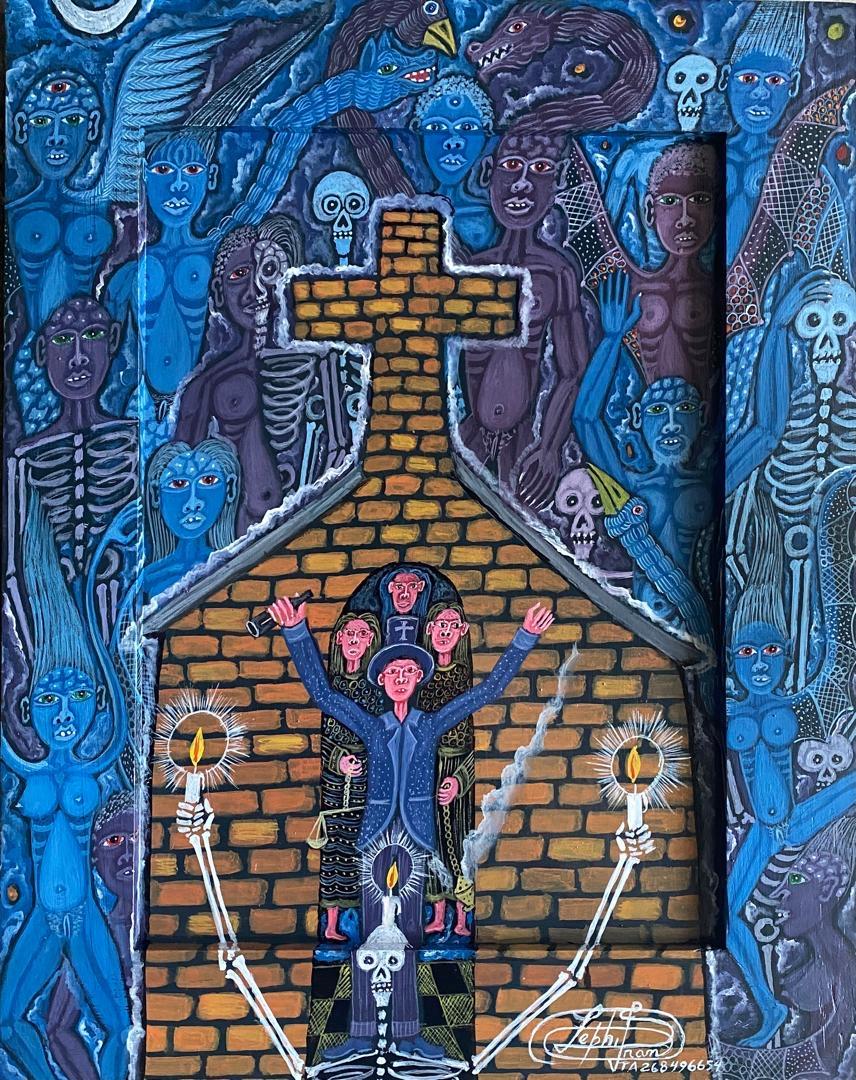 Frantz Zephirin 2025 Haitian Vodou spirit scene painting with Baron cemetery altar, skull candles, blue lwa figures, 20x16 oil on board, inscription VTA2688496657