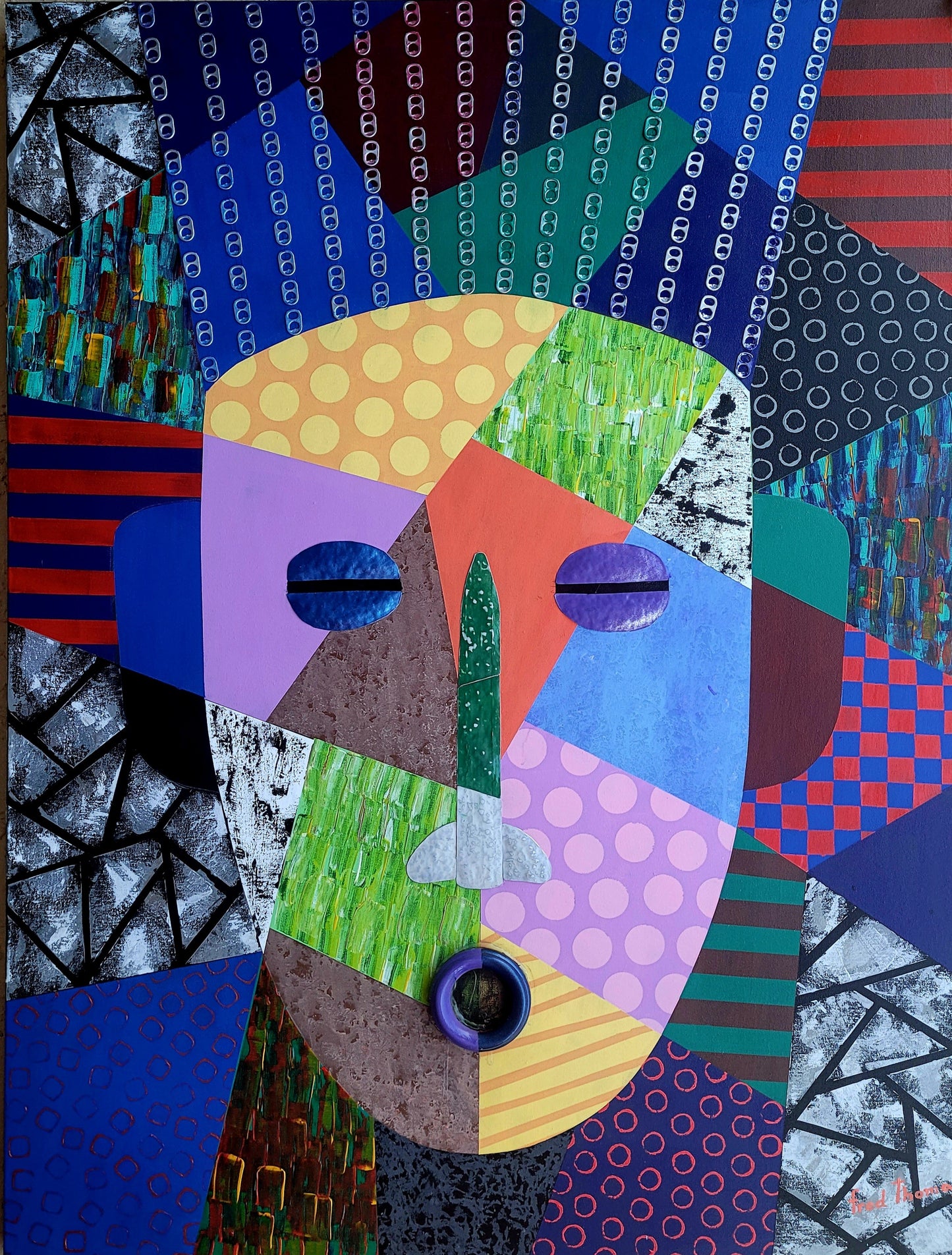 Fred Thomas 48 "x 36" Masque africain avec une touche Pop Art Techniques mixtes sur toile #7CFT