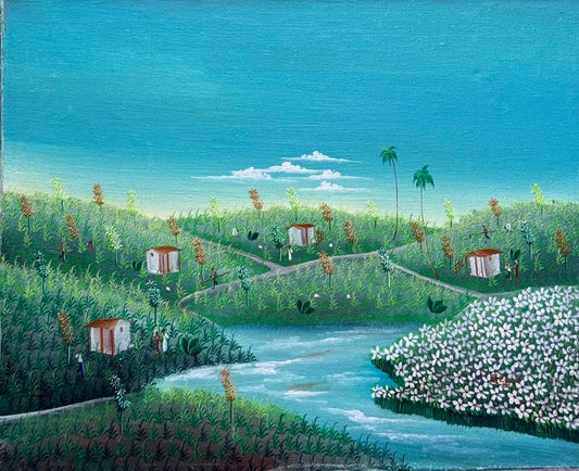 Emile Fritz Haitian river village landscape painting, 16 x 20 oil on canvas, circa 1980, rural homes, flowing river, white flowering trees. 