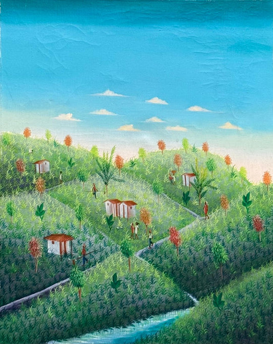 Emile Fritz Haitian rural village landscape painting, 20 x 16 oil on canvas, c.1980, winding paths and homes, minor wear, private collection of Myriam F. Nader. 