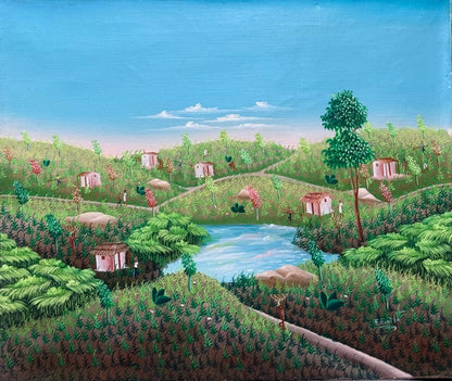 Fritz Émile Haitian countryside landscape oil painting, 20x24 inches, unframed canvas featuring pond, village huts, lush green fields, and flowering trees.