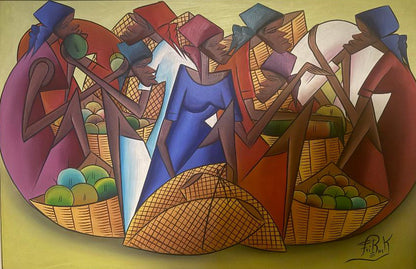 Fritz Rock Haitian market women painting with baskets, modern cubist style figurative oil on canvas 20 × 24 inches.
